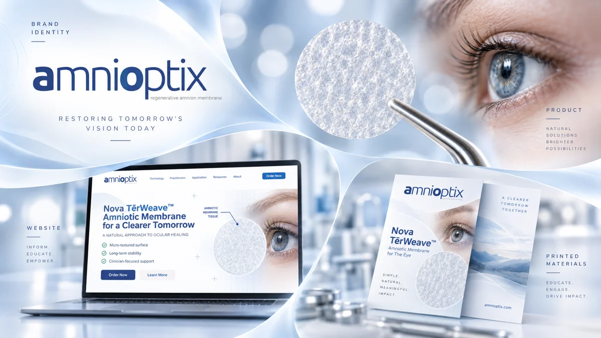 AmniOptix project overview showing the product, logo, website and printed materials