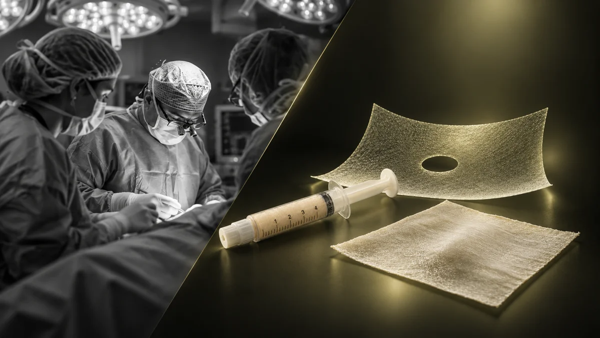 Evologics hero artwork combining a surgical team with gold-toned product imagery